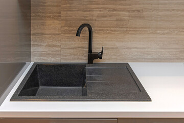 Dark Style Black Sink and Tap Water Set in Modern Kitchen