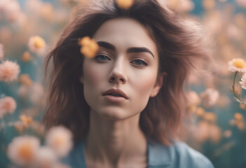 Close-up portrait of a woman against a background of blooming flowers, AI generated	