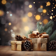 Fototapeta na wymiar Seasonal composition featuring gift boxes with pine cones and branches, against a sparkling bokeh garland background, in 16:9 aspect.