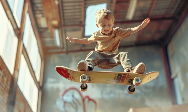 A child boy is jumping with a big skateboard