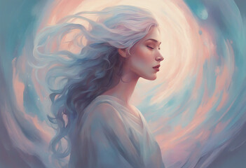 Illustration of a young mysterious woman on an abstract background in pastel delicate colors