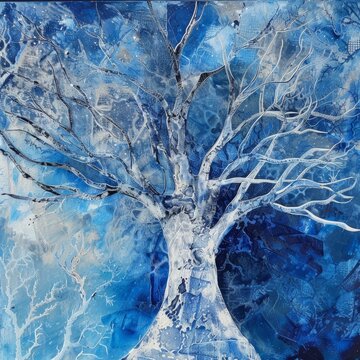 A painting of a tree with blue and white colors