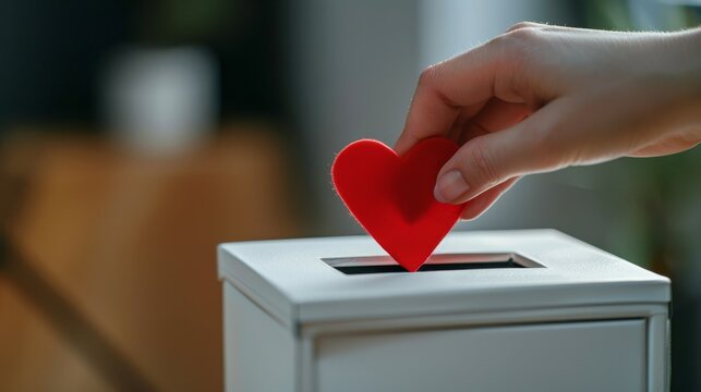 A person's hand placing a red heart symbol into the slot of a white donation box, symbolizing sincere devotion to faith, donorship, life-saving, or charity. Close-up shot.