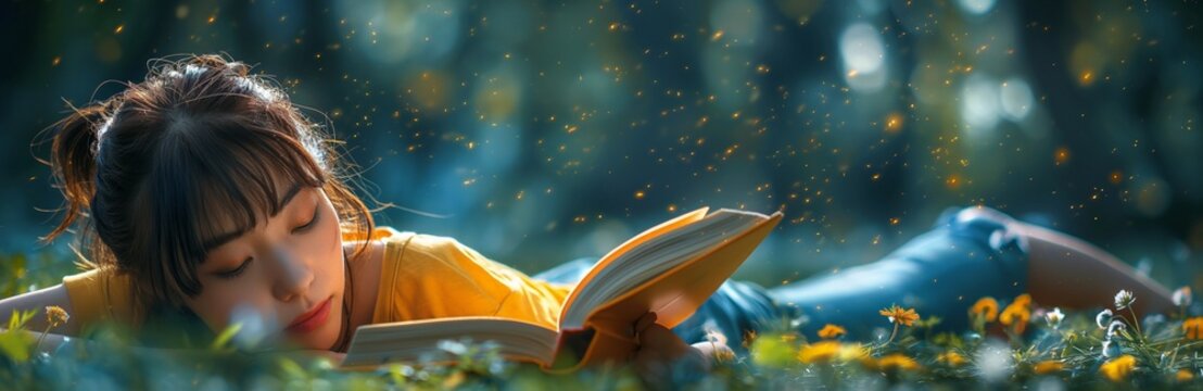 A girl lying on the grass reading a book