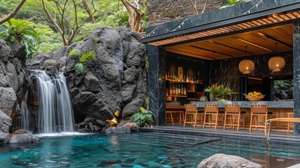 Exotic bar in an underground cave with a waterfall