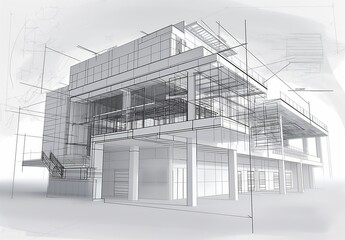 Industrial building wireframe rendering with architectural and construction details