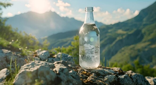 Pure mineral water in a glass bottle. Clean liquid on mountain background.