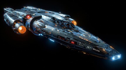 Fototapeta premium A science fiction illustration depicting a spaceship against a black background with a blue engine glow, viewed from a top-angled perspective, digitally rendered in 3D.