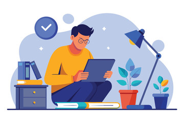 A man sitting on the floor, focused on a tablet device for studying at home, Man at home studying with tablet book and study lamp, Simple and minimalist flat Vector Illustration