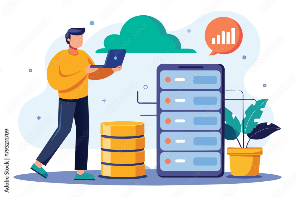 Poster man standing next to large server, man backing up database with cloud on mobile phone, simple and mi