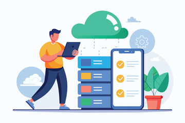 Man Standing Next to Large Stack of Data, man backing up database with cloud on mobile phone, Simple and minimalist flat Vector Illustration