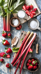 Fototapeta na wymiar Preparing a Sweet Rhubarb and Strawberry Recipe from a Vintage Cookbook