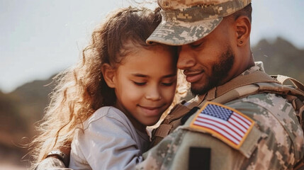 army soldier's daughter hugging him, farewell, duty calls, emotional family moment, drama, reunion - obrazy, fototapety, plakaty