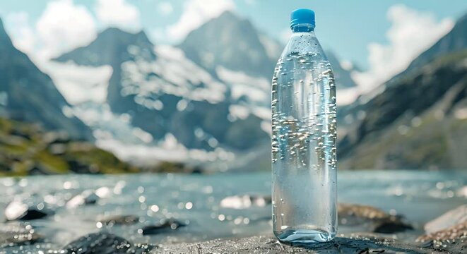Pure mineral water in a glass bottle. Clean liquid on mountain background.