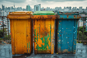 A colorful row of recycling bins promoting recycling and waste management in urban settings.