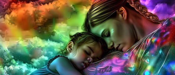 Mother and toddler in tranquil, serene hug. Closeness of intimate maternal love. Rainbow colored clouds surrounding sleeping family.