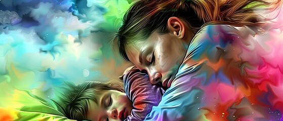 Mother and toddler in tranquil, serene hug. Closeness of intimate maternal love. Rainbow colored clouds surrounding sleeping family.