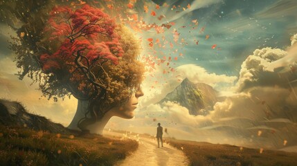A surreal 3D illustration portraying the concept of brain, mind, way, soul, and hope, depicted through mystery artwork and imagination painting, representing the idea of success. - obrazy, fototapety, plakaty