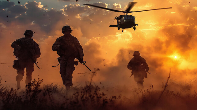 dynamic photo of army soldiers on battlefield or drill, helicopter flying on top