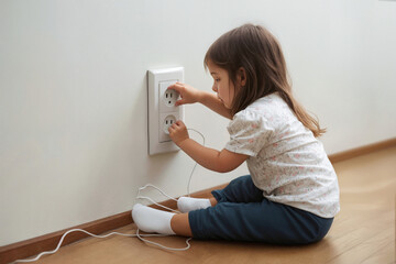 Little girl playing with electric wires and socket in wall, danger of electric shock