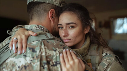 army soldier's wife hugging him, farewell, duty calls, emotional family moment, drama, reunion