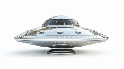 A vintage UFO rendered in metal and silver, isolated on a white background through 3D rendering.