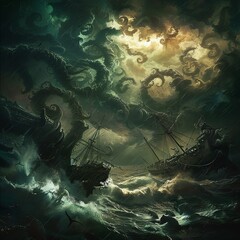 Transform a traditional maritime landscape into a nightmarish panorama through a low-angle view that distorts reality Picture a storm-tossed sea populated with grotesque sea creatures and ominous ghos - obrazy, fototapety, plakaty