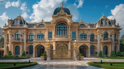 a modern European-style villa, a backdrop of clear blue skies and fluffy white clouds, with its immense size and resplendent golden accents, including a luxuriously adorned gate. - obrazy, fototapety, plakaty