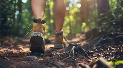 Close up Hikers walking in forest. Detail on hiker shoe rear view. copy space for text.