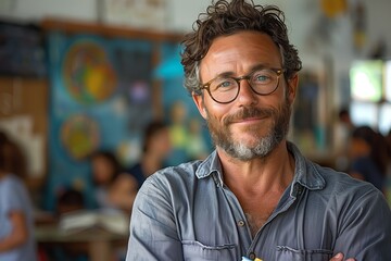 Casual man in glasses in classroom background