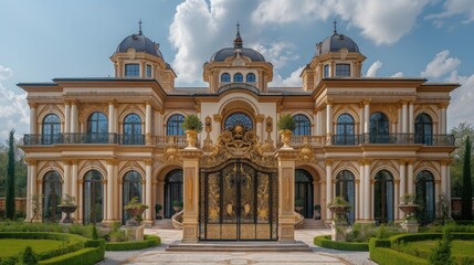 a modern European-style villa, a backdrop of clear blue skies and fluffy white clouds, with its immense size and resplendent golden accents, including a luxuriously adorned gate.