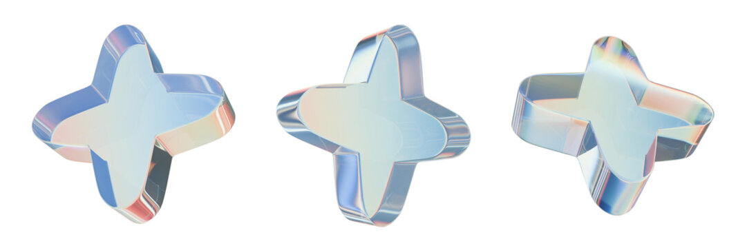 3D glass star icon, render prism crystal y2k shape, glossy transparent gradient futuristic flower. Reflection trendy geometric brutal cross, chromatic effect translucent material forms. Glass star
