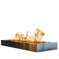 A modern fireplace blazes with gas flames outdoors on white night background