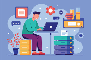 Fototapeta premium A man is sitting at a table, using a laptop for storage backup, man doing storage backup using laptop, Simple and minimalist flat Vector Illustration