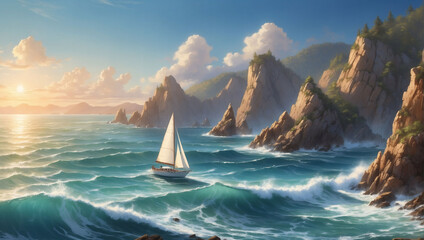 Gentle Waves Carry a Sailboat Along a Picturesque Coastline, Offering a Relaxing View of Sunlit Skies and Rocky Edges.