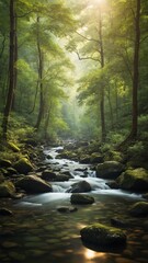 Obraz premium Sunlight pierces through dense foliage of towering trees, casting warm, ethereal glow that illuminates misty air of serene forest. Gentle stream, its waters pure, untainted.