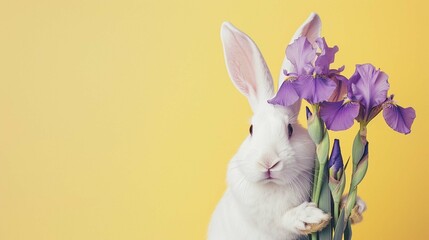 A white rabbit holding a bouquet of purple irises 