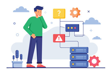 A man standing next to a tall stack of data, illustrating data management and analysis in a tech environment, man experiences system error, Simple and minimalist flat Vector Illustration