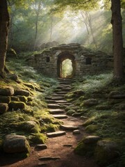 Sunlight filters through dense canopy of serene forest, casting ethereal beams that illuminate stone pathway leading to ancient, mystical stone archway. Archway, adorned with intricate designs.