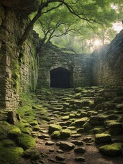 Sunlight filters through dense canopy of trees, casting dappled light on ancient stone pathway that leads towards dark archway, nestled within moss-covered stone wall. Pathway, uneven.