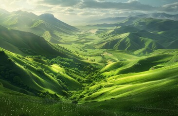  lush green grass edges, mountains beyond