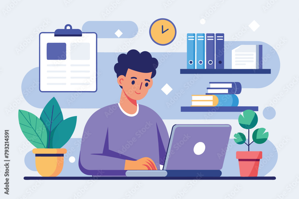 Poster a man sitting in front of a laptop computer, focusing on online assignments and work tasks, man in f