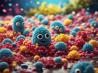 Selbstklebende Fototapeten Blue, fuzzy creatures with big, round eyes scattered amidst colorful landscape of vibrant, textured balls, shapes. These creatures appear to be exploring this whimsical environment. © Tamazina