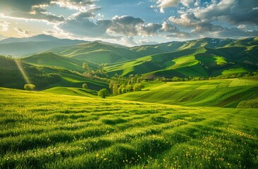 Fototapeta premium A lush green hillside, blanketed in grass, unfolds beneath a cloud-studded, blue-tinted sky Sunrays pierce the clouds