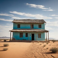 Two-story blue house stands alone amidst vast expanse of desert, arid environment stretching out infinitely in every direction. First floor supported by wooden pillars.