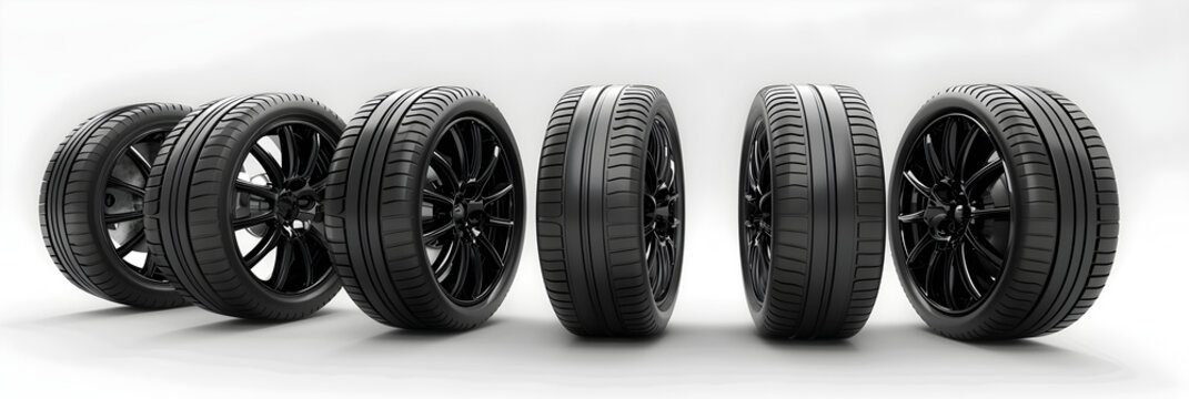 Set of car tires and wheels isolated on a white background, ideal for automotive and transportation-related projects.