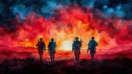 Fototapeta premium watercolor illustration of army men marching, horizon