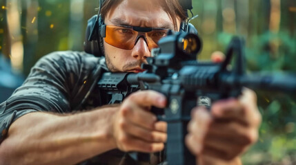close up of man at shooting practice, military army drill, aim practice - obrazy, fototapety, plakaty