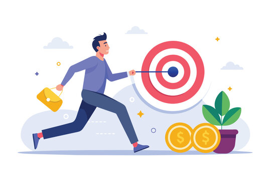 A man energetically runs towards a target while carrying a bag of money in his hand, man is pursuing the target of investing money, Simple and minimalist flat Vector Illustration