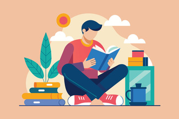 A man sits on the floor engrossed in a book, man is reading a book, Simple and minimalist flat Vector Illustration
